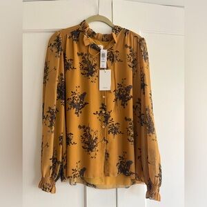 Aritzia Floral Mustard Blouse - Size M - NWT